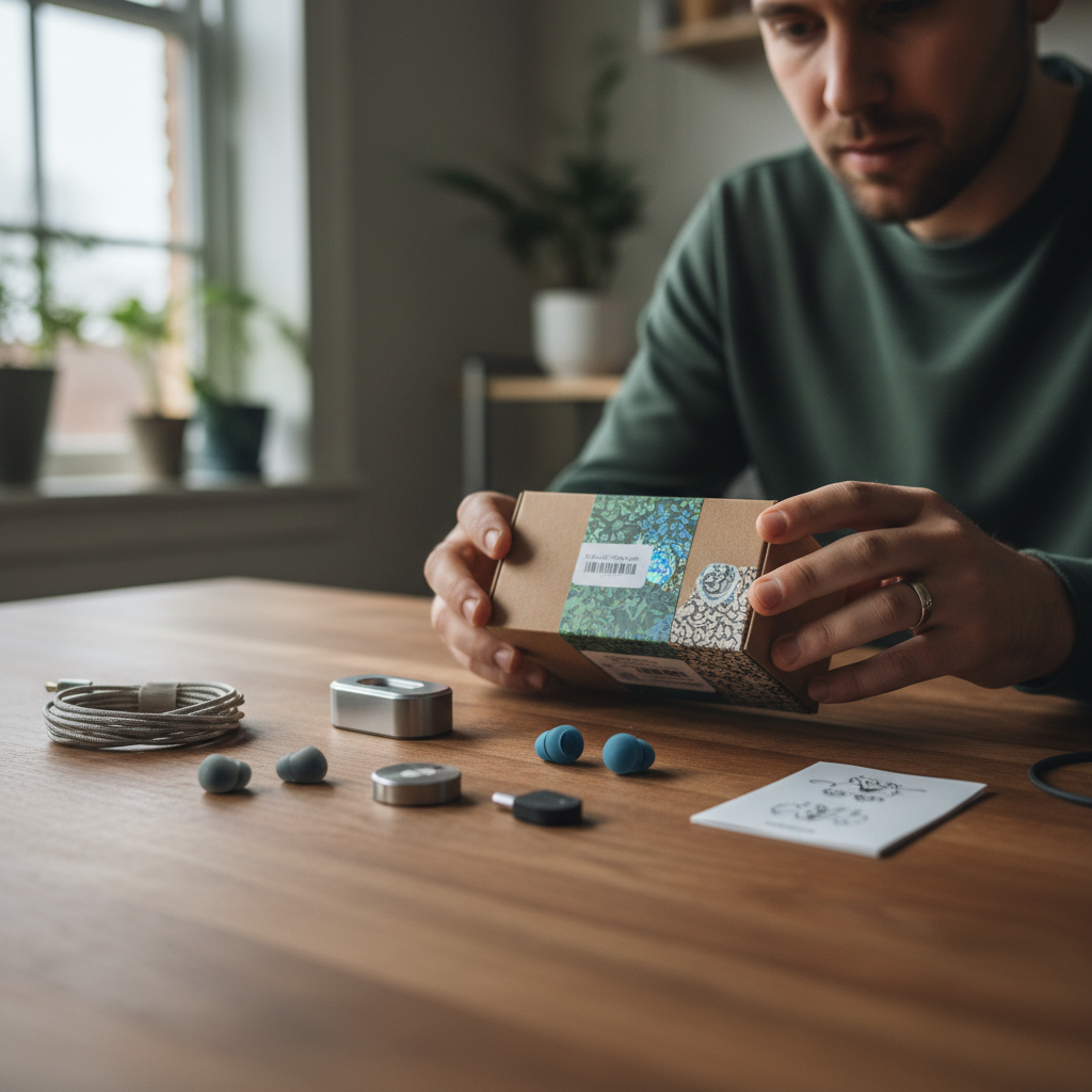 Unboxing video still, hands opening package on wooden table, warm ambient light