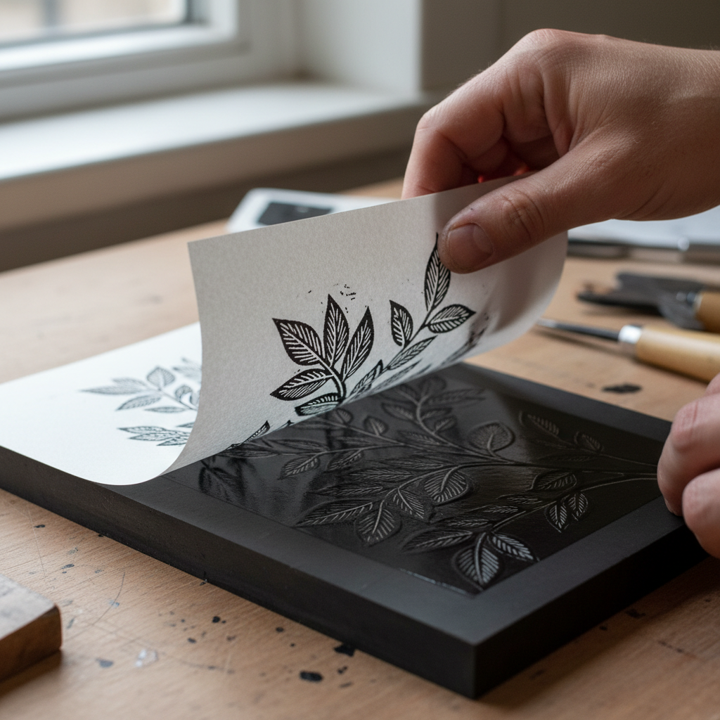 Linocut printmaking process with carved block, ink roller, and freshly printed artwork