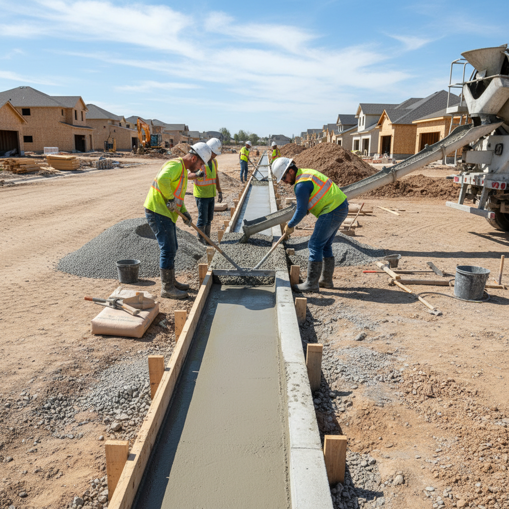 Concrete curb and gutter being poured along a new residential subdivision street