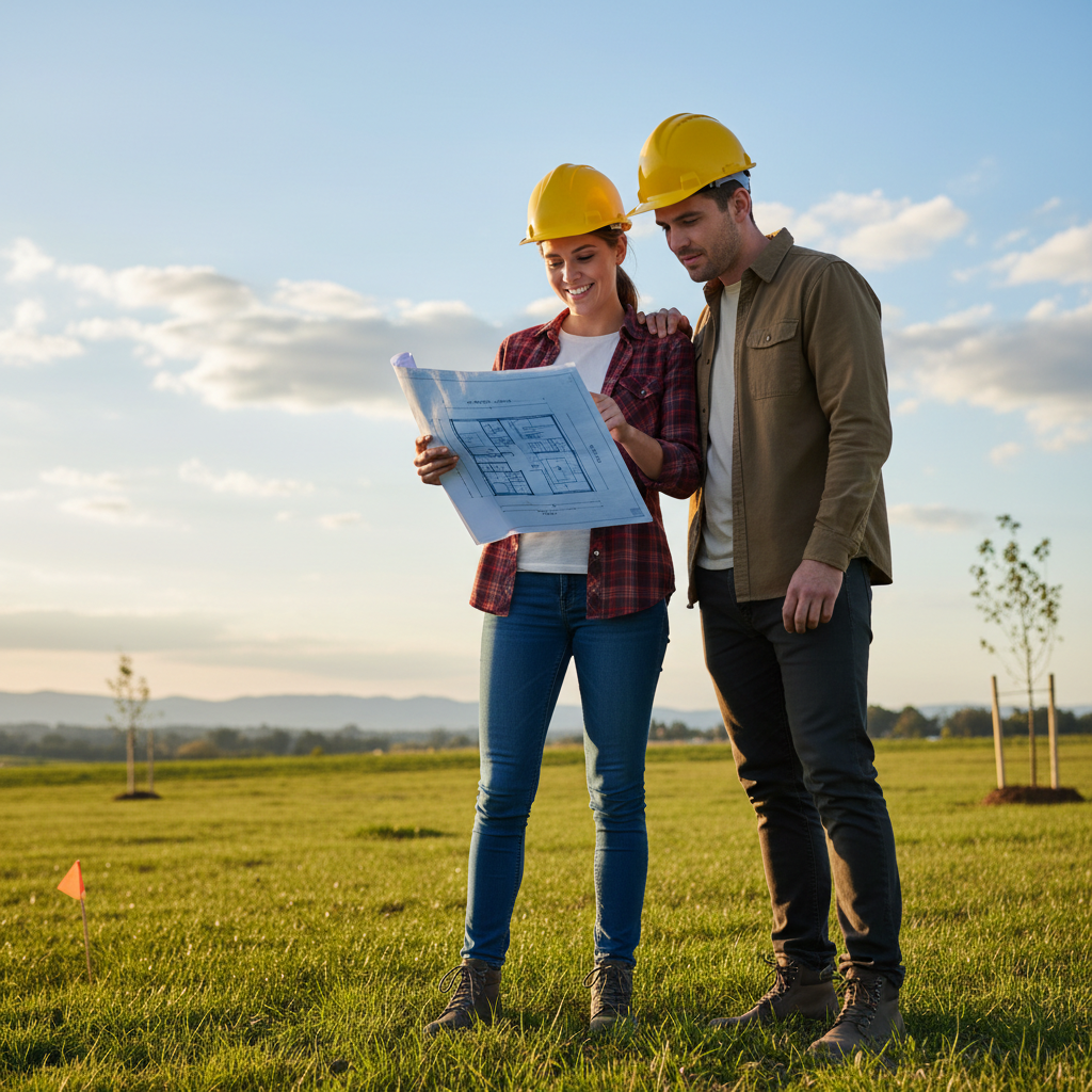 Couple reviewing floor plan blueprints on a tablet while standing on their empty lot