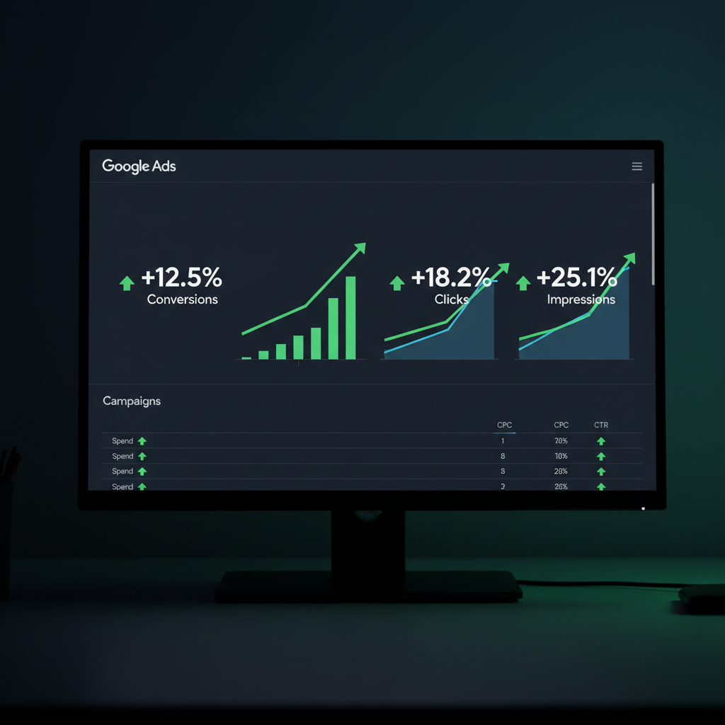 Dark laptop screen showing Google Ads analytics dashboard with upward trending performance charts