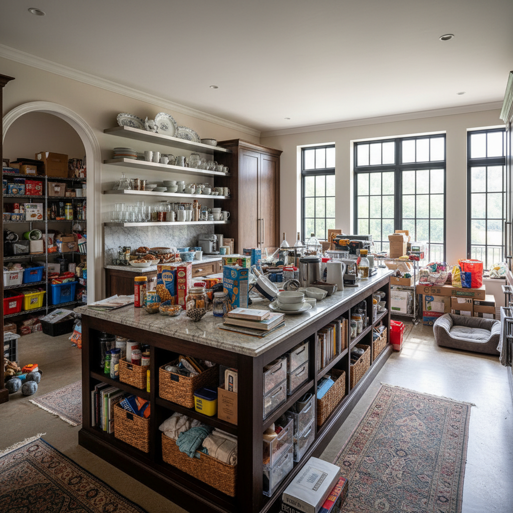 Cluttered ranch kitchen with counters covered in appliances before redesign