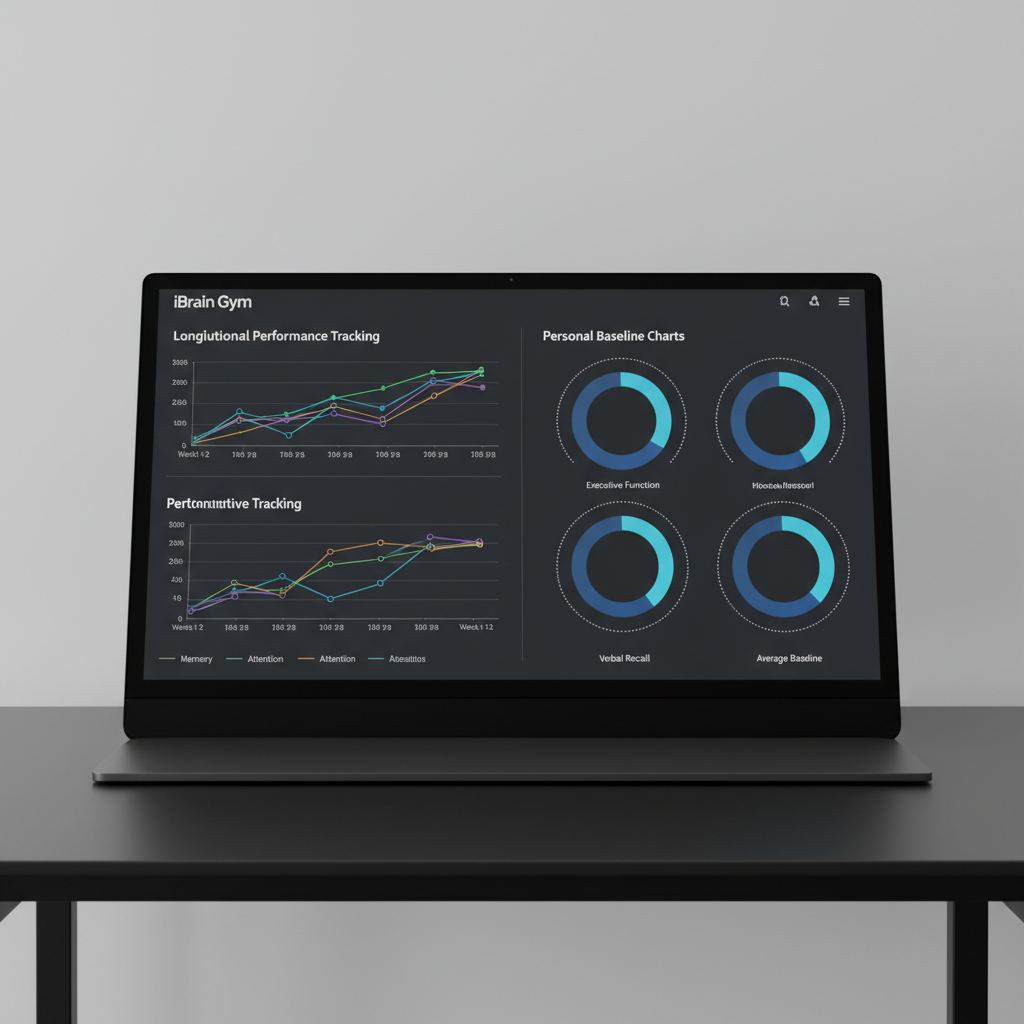 iBrain Gym cognitive assessment interface showing longitudinal performance tracking and personal baseline charts
