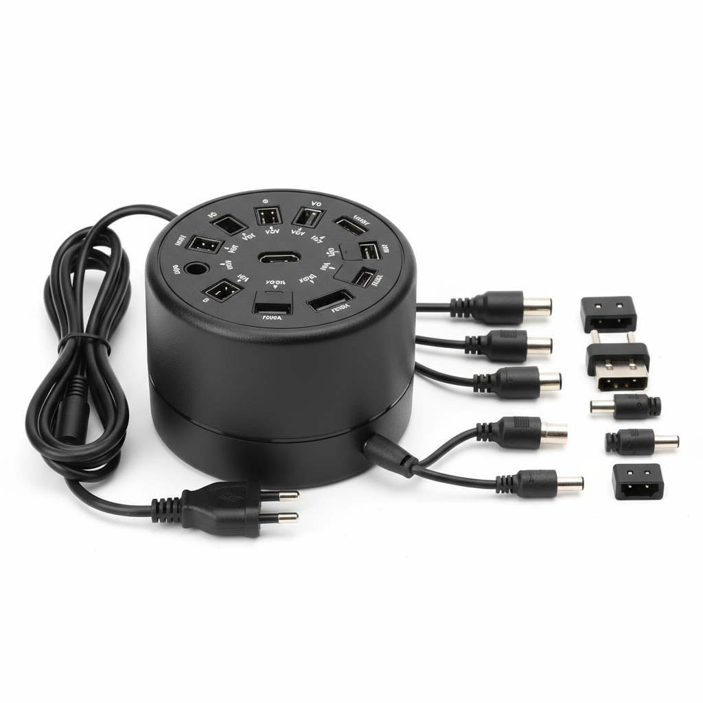 Universal laptop charger adapter with multiple tips on white background