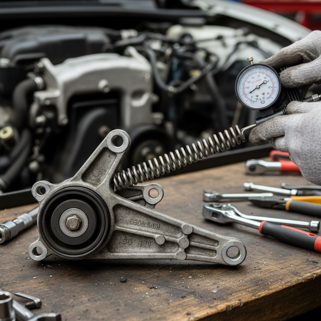 Serpentine belt tensioner assembly removed from vehicle, spring tension tested