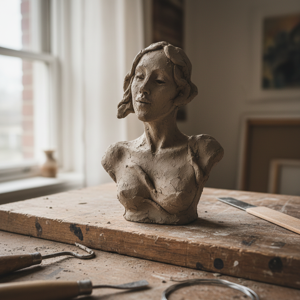 Small clay maquette study on wooden board with sculptor tools nearby
