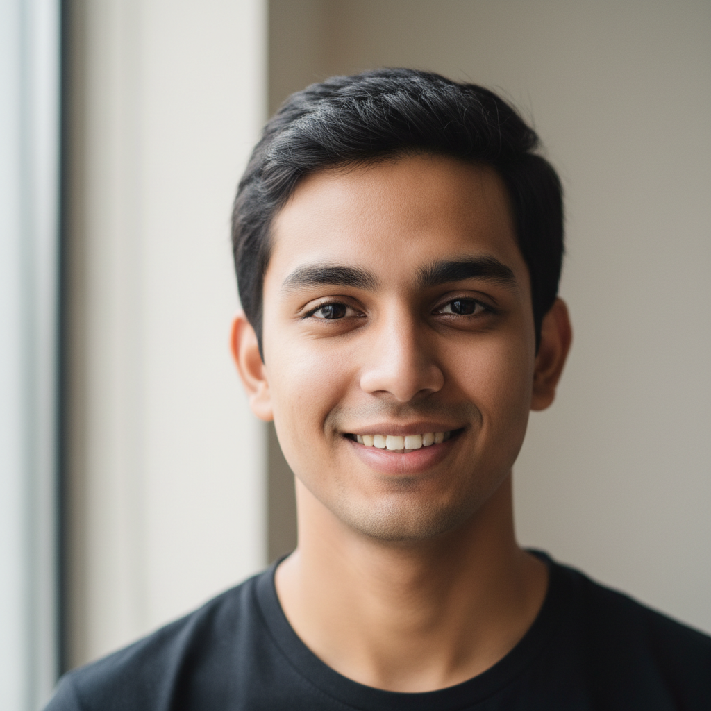 Young Indian man in blue shirt, neutral expression, light background