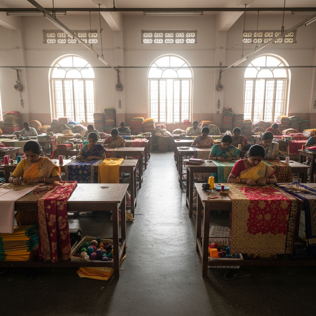Shree Jalaram Designer saree manufacturing facility in Surat with artisans working on premium sarees