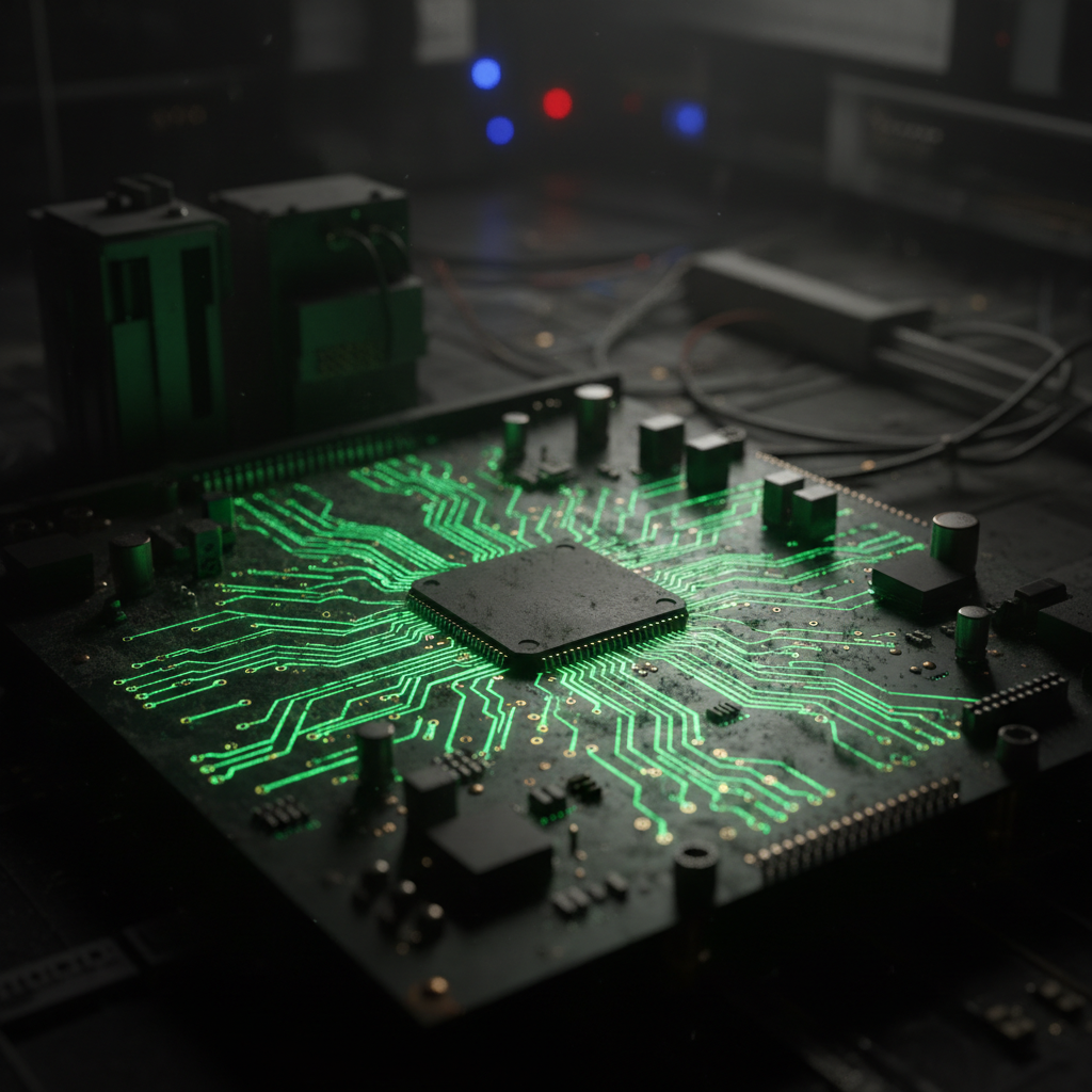 Dark circuit board close-up with glowing copper traces, deep shadows, dramatic macro photography, atmospheric blue tones