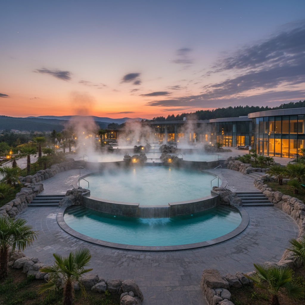 AuroraSpa Geothermal Villa at dusk, private infinity pool with steaming mineral water, volcanic landscape backdrop, dark moody sky