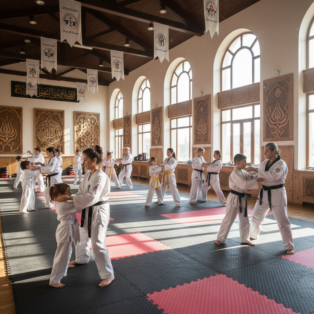 Croatian and Turkish families in martial arts uniforms practicing together in spacious Ankara training hall with traditional decorations