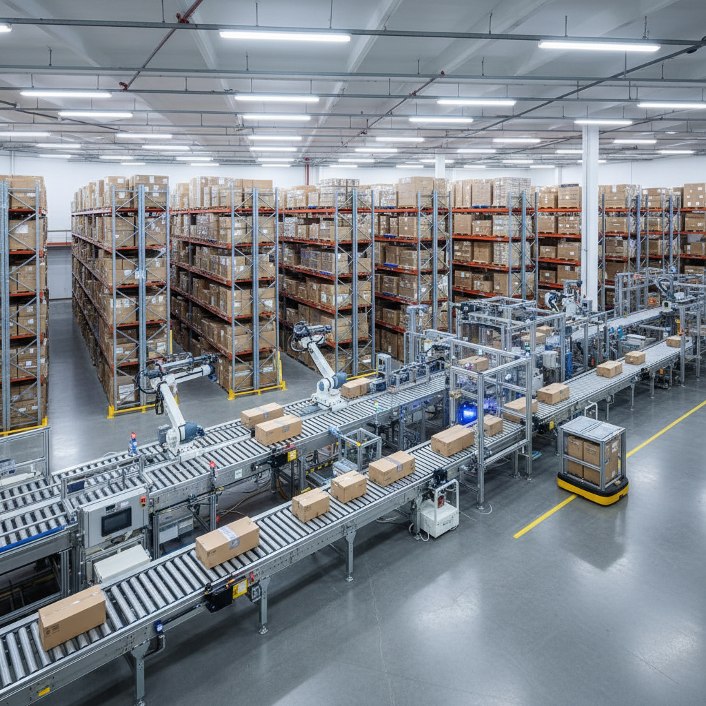 Modern warehouse with automated robots moving between organized shelves filled with inventory boxes