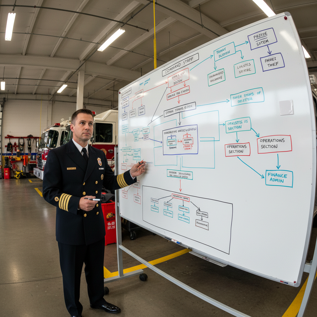 Captain James Whitfield at apparatus bay whiteboard with ICS diagrams