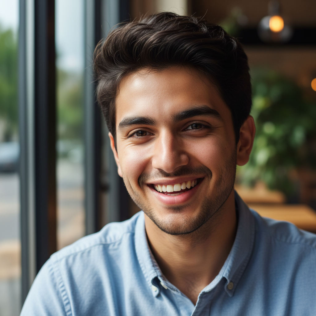 Man with open-minded expression, urban setting