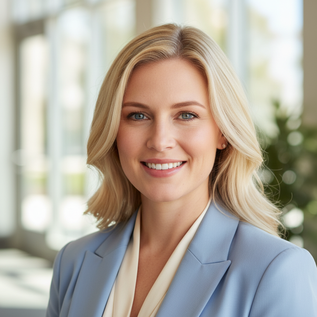 Professional woman with blonde hair smiling, gym franchise operations director headshot