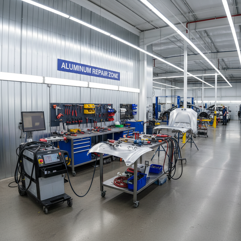 Aluminum repair station at automotive collision repair facility for aluminum-intensive vehicle repairs