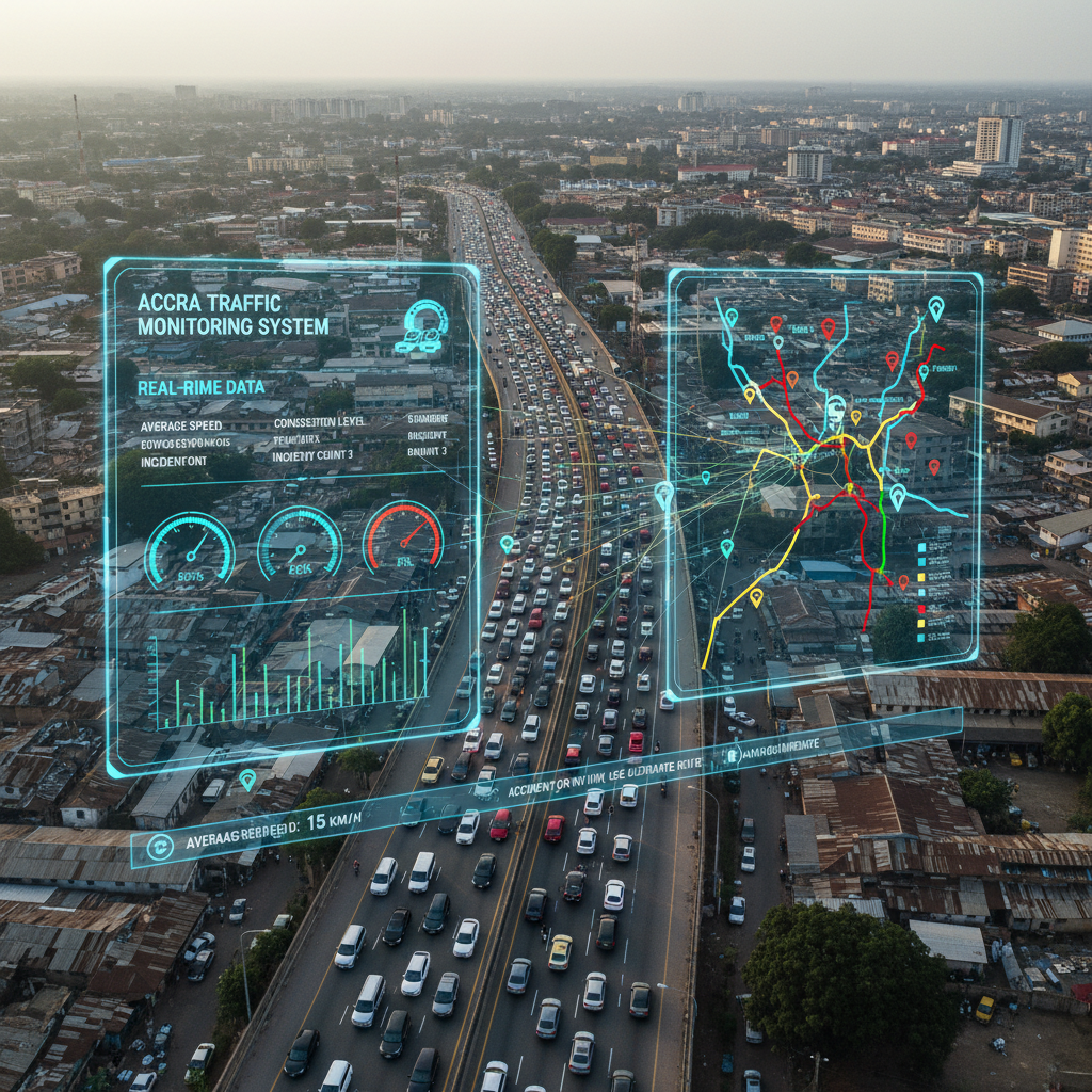 Aerial view of Accra traffic with digital overlay showing real-time monitoring system and data analytics