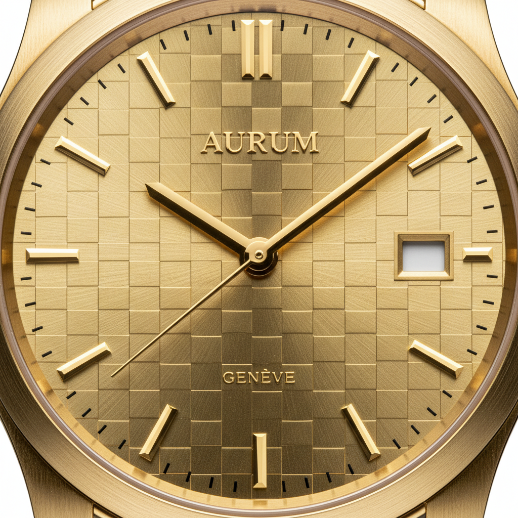 Guilloché dial pattern close-up, concentric geometric waves, gold surface, dark background