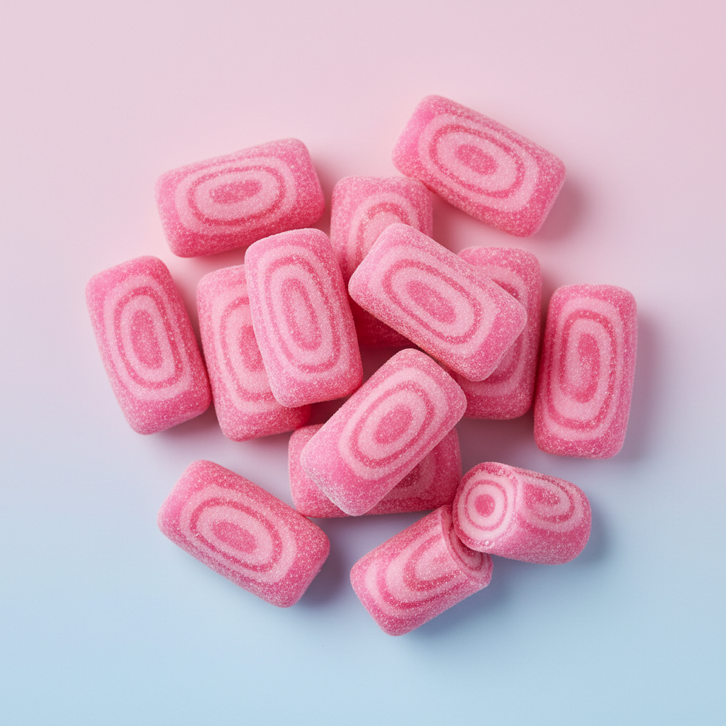Pink dragon fruit flavored Hi-Chew soft candy pieces on pastel background