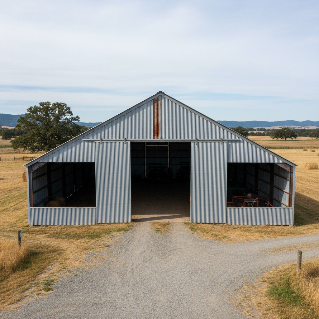Large steel-framed agricultural machine shed with corrugated metal siding in rural Nebraska