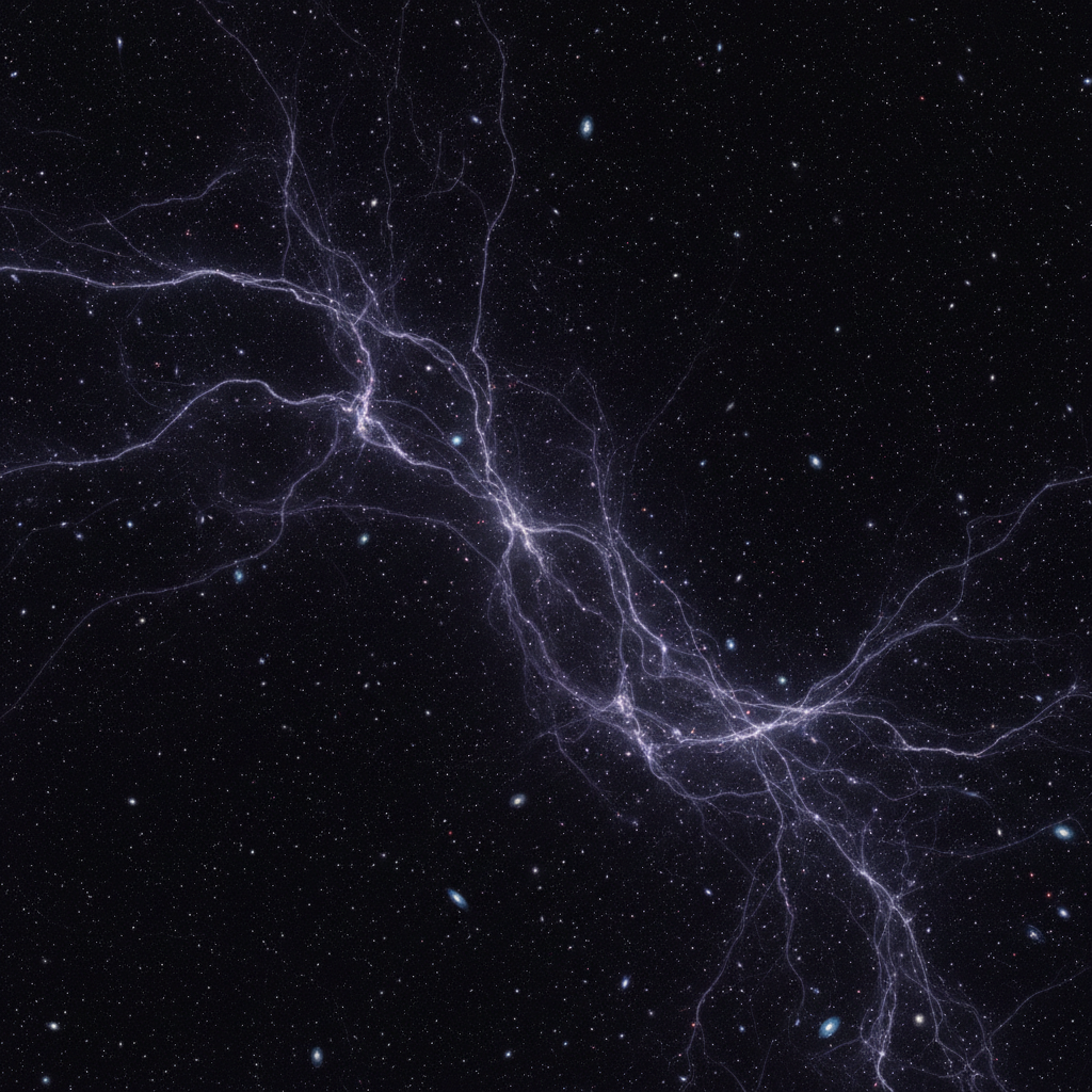 Dark cosmic web visualization showing faint gravitational filaments, deep black space, subtle violet wisps