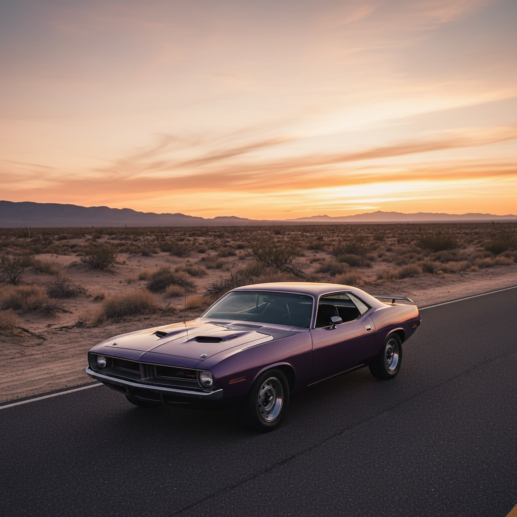 Purple 1970 Plymouth Cuda muscle car on empty desert road at dusk