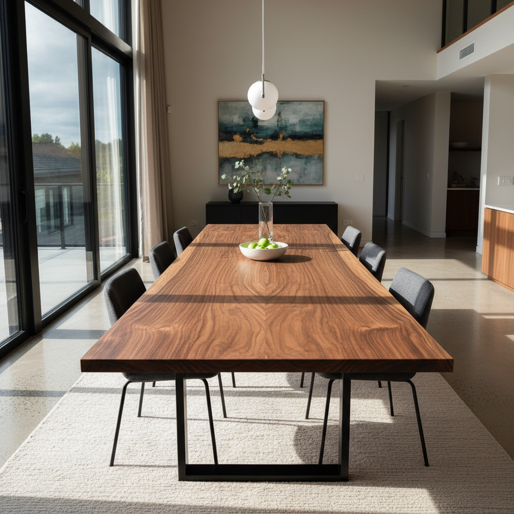 Round walnut dining table with pedestal base, rich dark grain, contemporary dining room