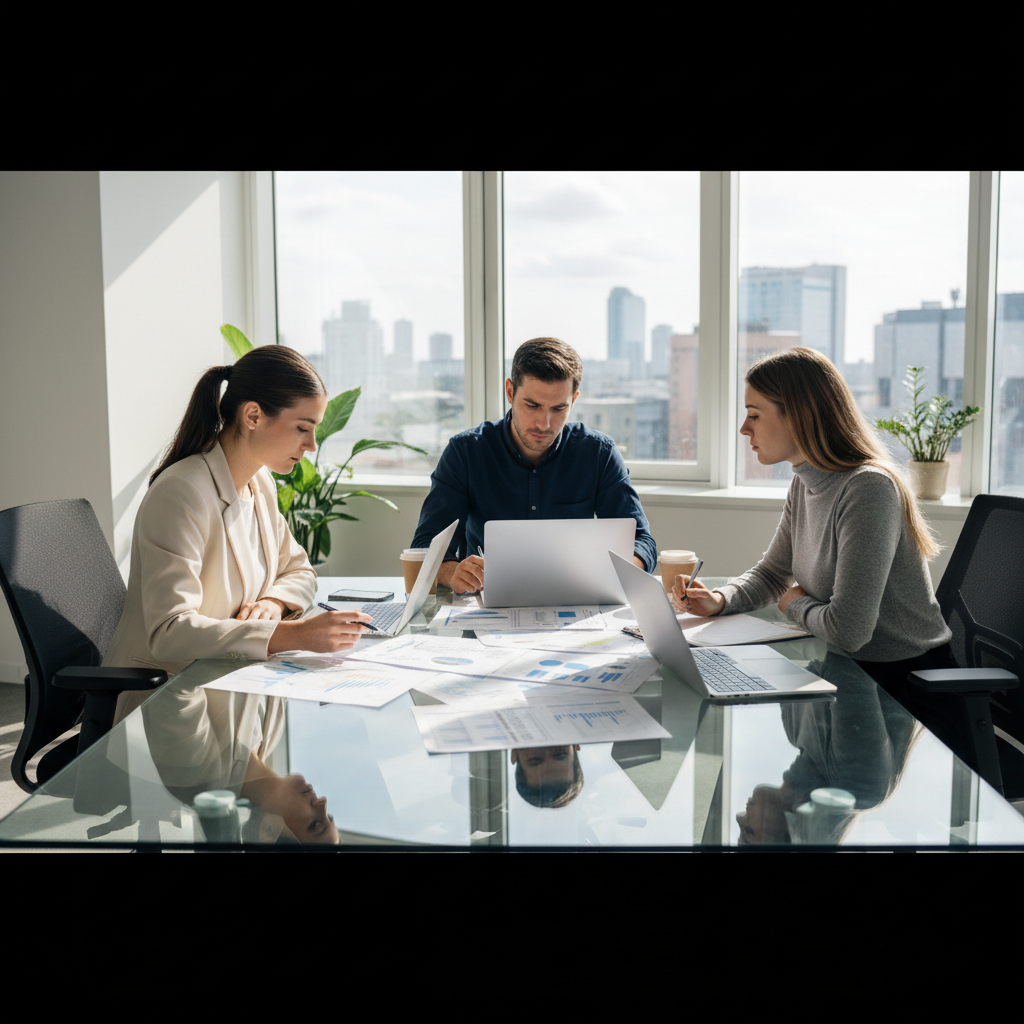 Startup founders reviewing financial documents at desk, dim warm office lighting, dark shadows on walls