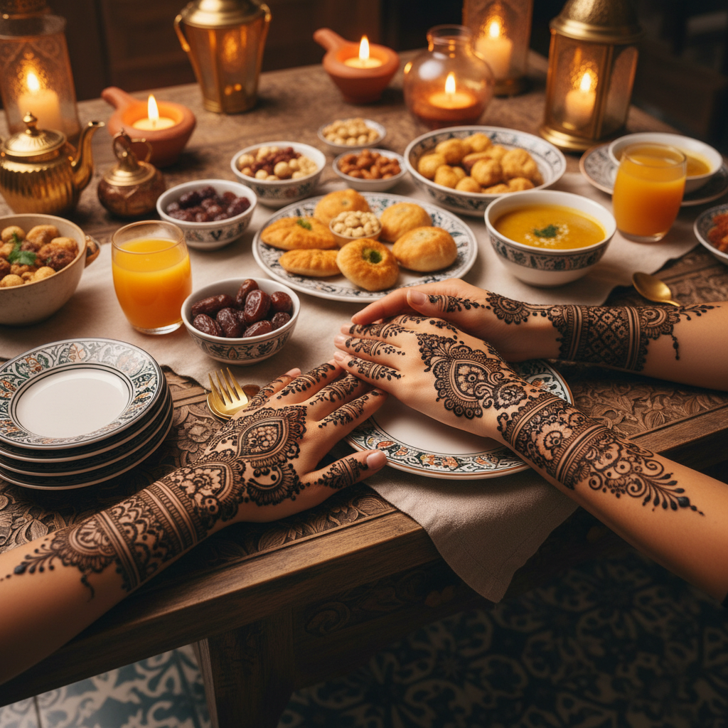 Henna hands at iftar table