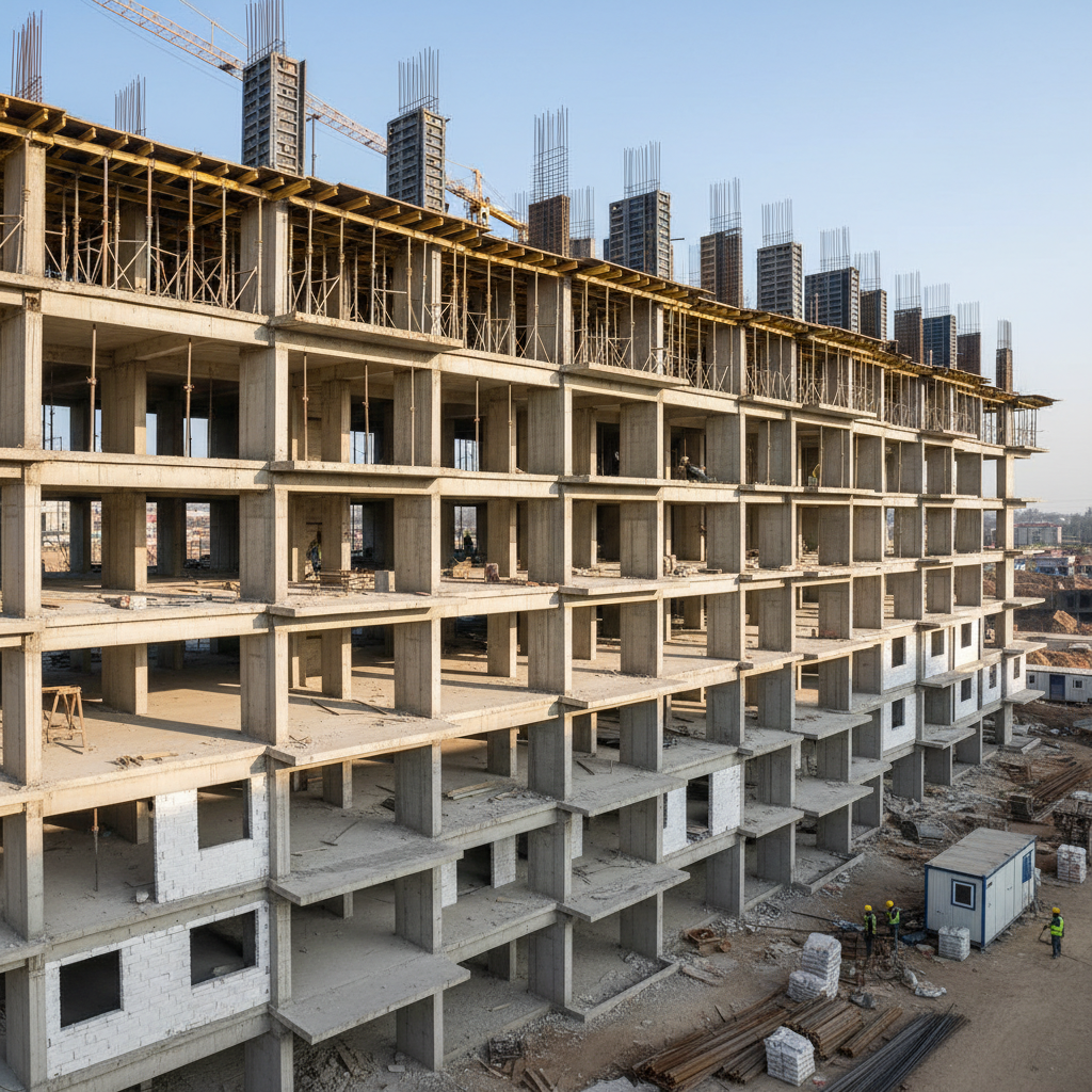 New residential home under construction with structural framing visible against blue sky