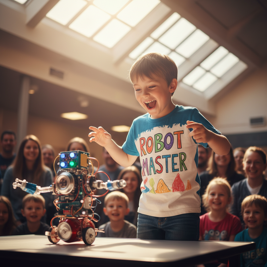 Child presenting a robot project at a school showcase while parents watch proudly