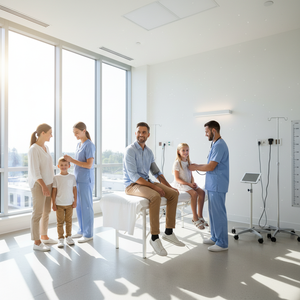 Family of four at a hospital reception, reviewing health insurance paperwork