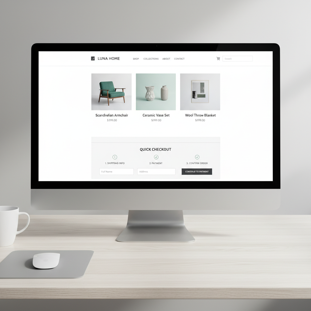 E-commerce storefront on laptop and mobile showing fast-loading product pages and streamlined checkout