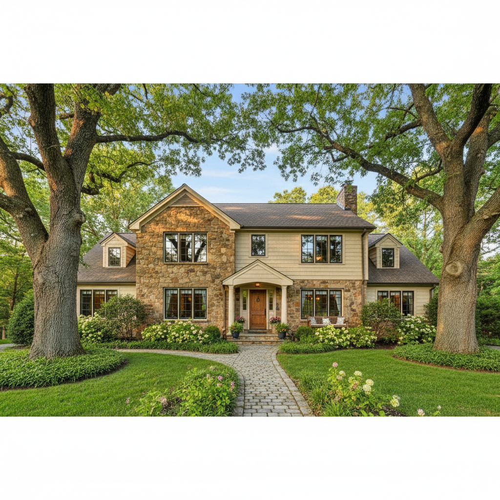 Charming residential home with well-kept lawn and mature oak trees