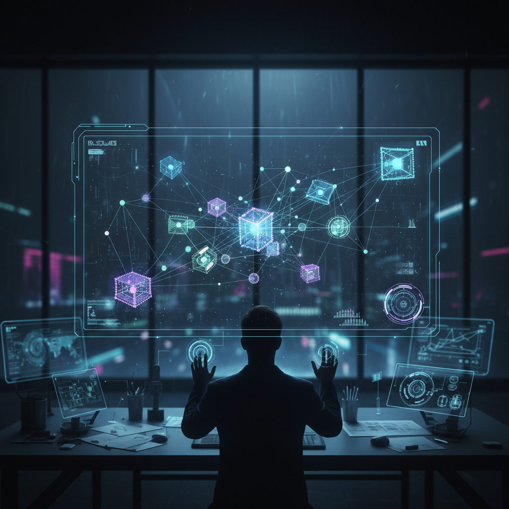 Dark industrial tech workspace with dim blue ambient lighting, deep shadows on concrete walls, low-key atmospheric environment