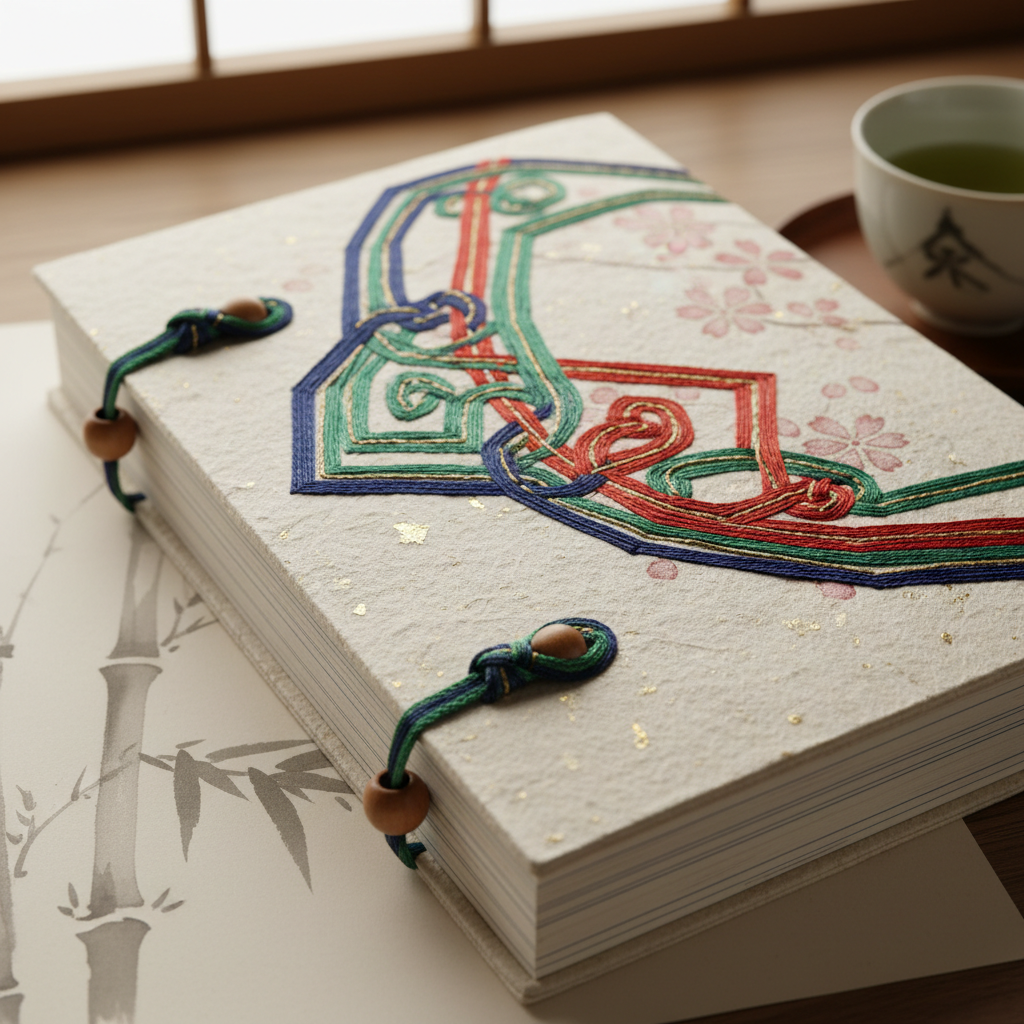 Japanese stab-stitched book showing decorative silk thread pattern on handmade paper cover