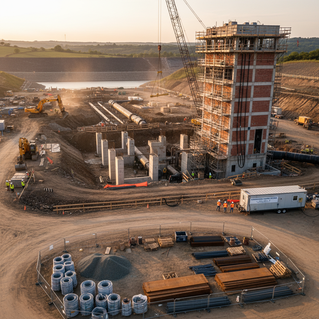 Water infrastructure civil engineering project, industrial pipes and construction equipment in daylight