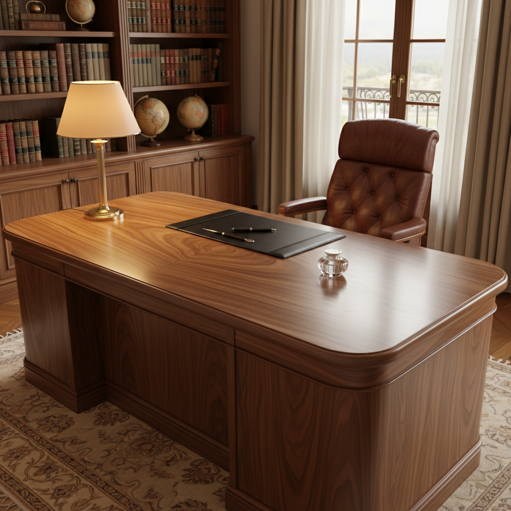 Walnut executive desk with warm lighting and leather chair