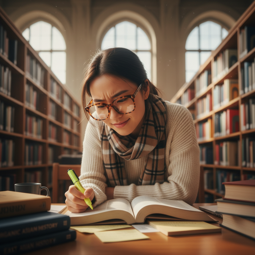 East Asian woman with glasses smiling in front of bookshelves