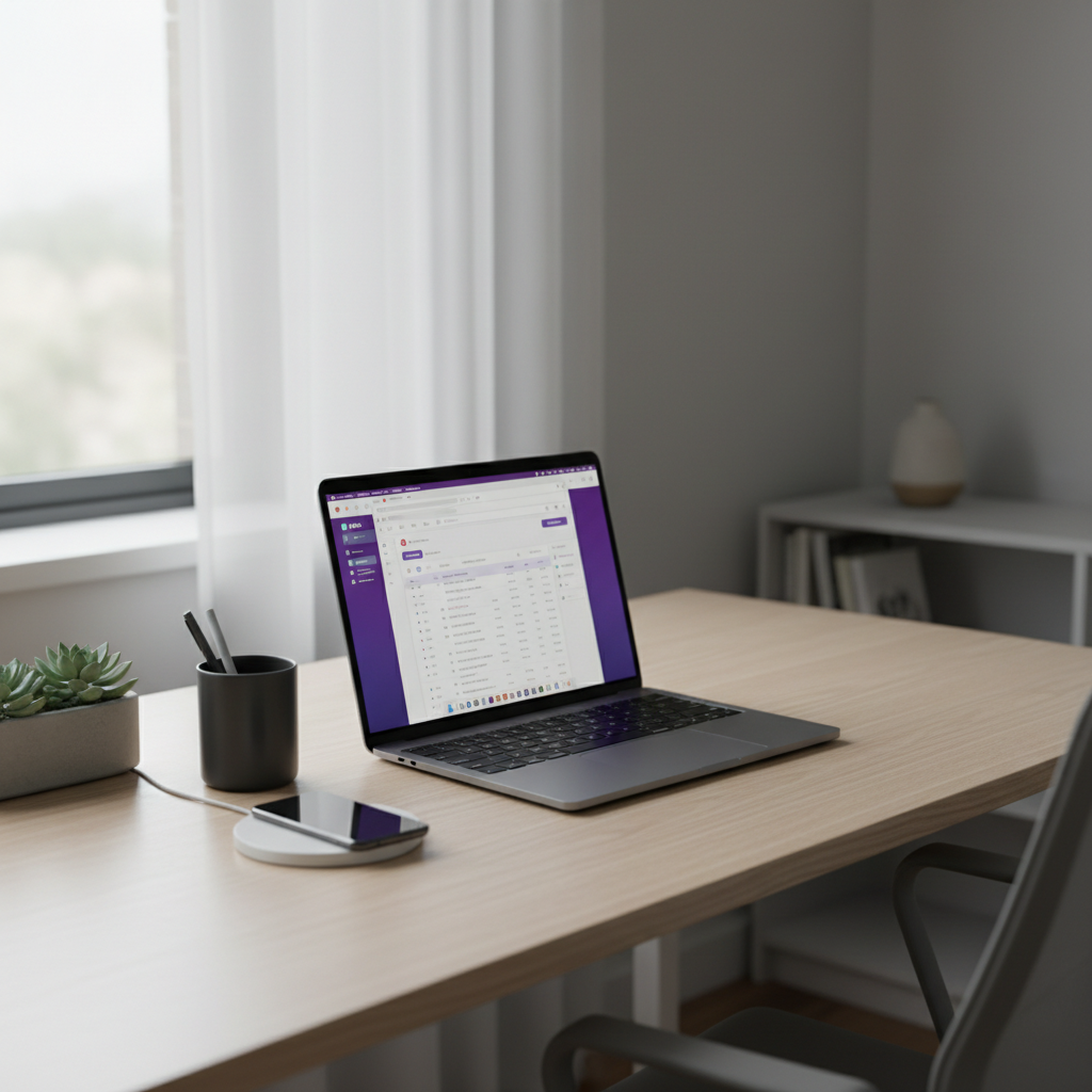 Notion AI clean organized notes on white desk in bright minimal workspace