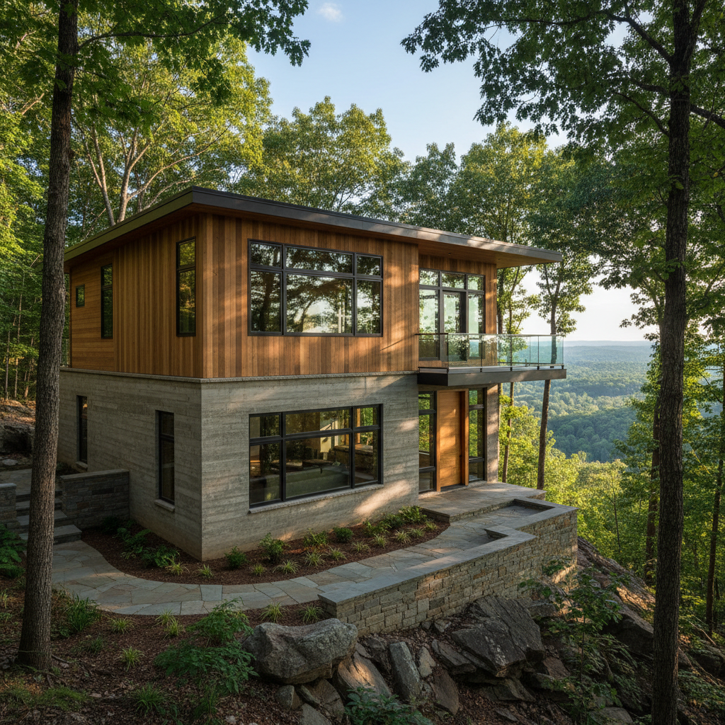 Custom home exterior with board-and-batten siding, stone foundation, surrounded by tall fir trees