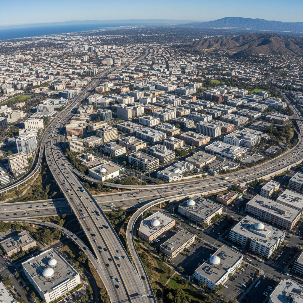 Aerial view of Beverly Hills and Los Angeles skyline, clear day, urban landscape, warm daylight