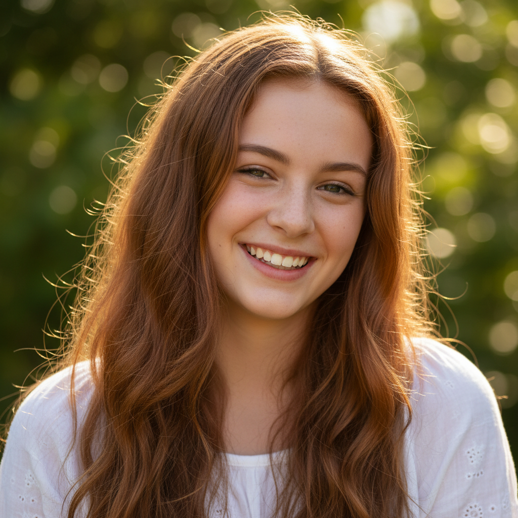 Portrait d'une jeune femme aux cheveux noirs attachés, sourire naturel