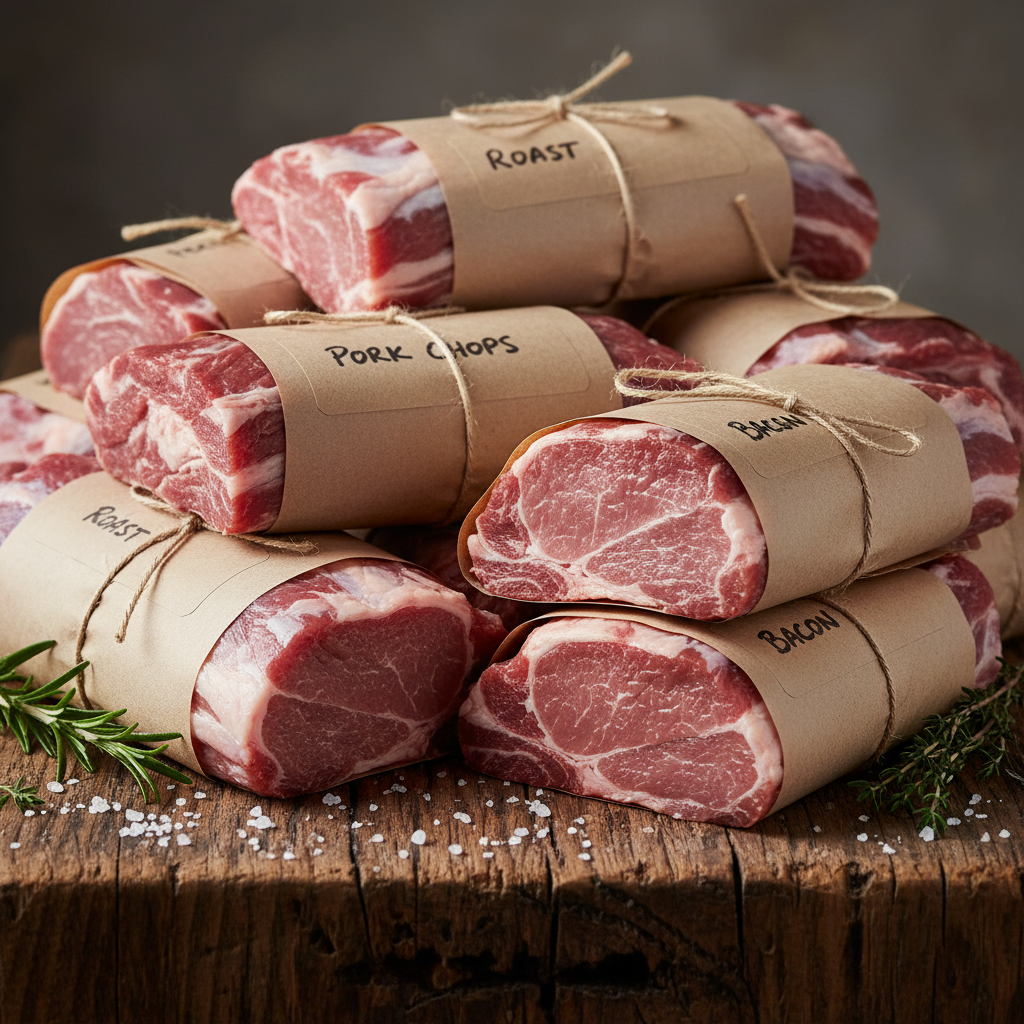 Heritage pork belly block with thick crispy skin on butcher paper, rustic dark wooden surface