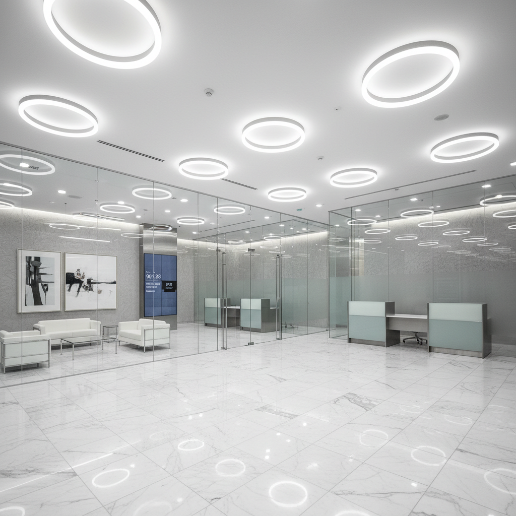 Professional facility management team in a modern bright office building lobby, clean polished floors, natural light