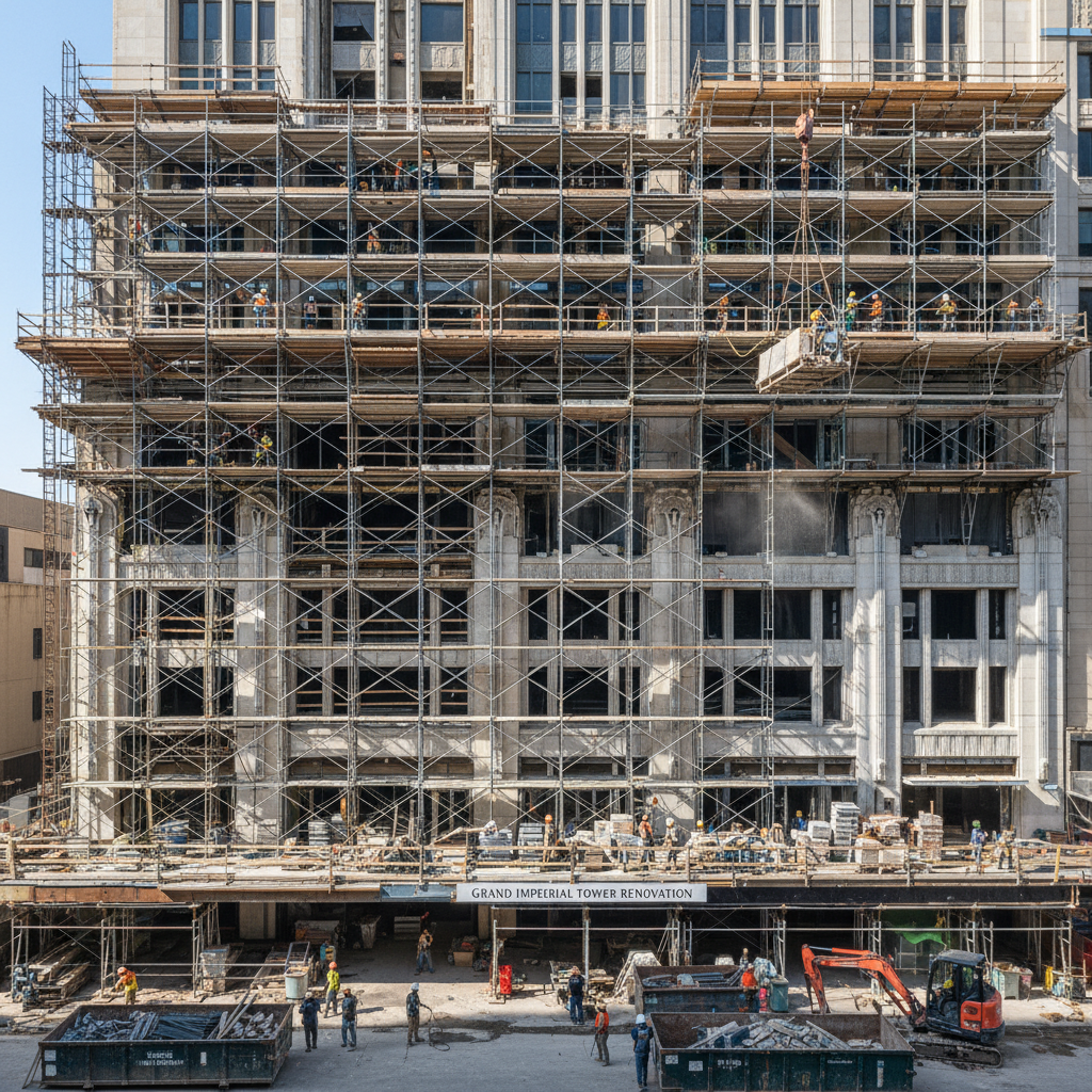 Construction workers renovating interior of a large building, scaffolding and materials visible