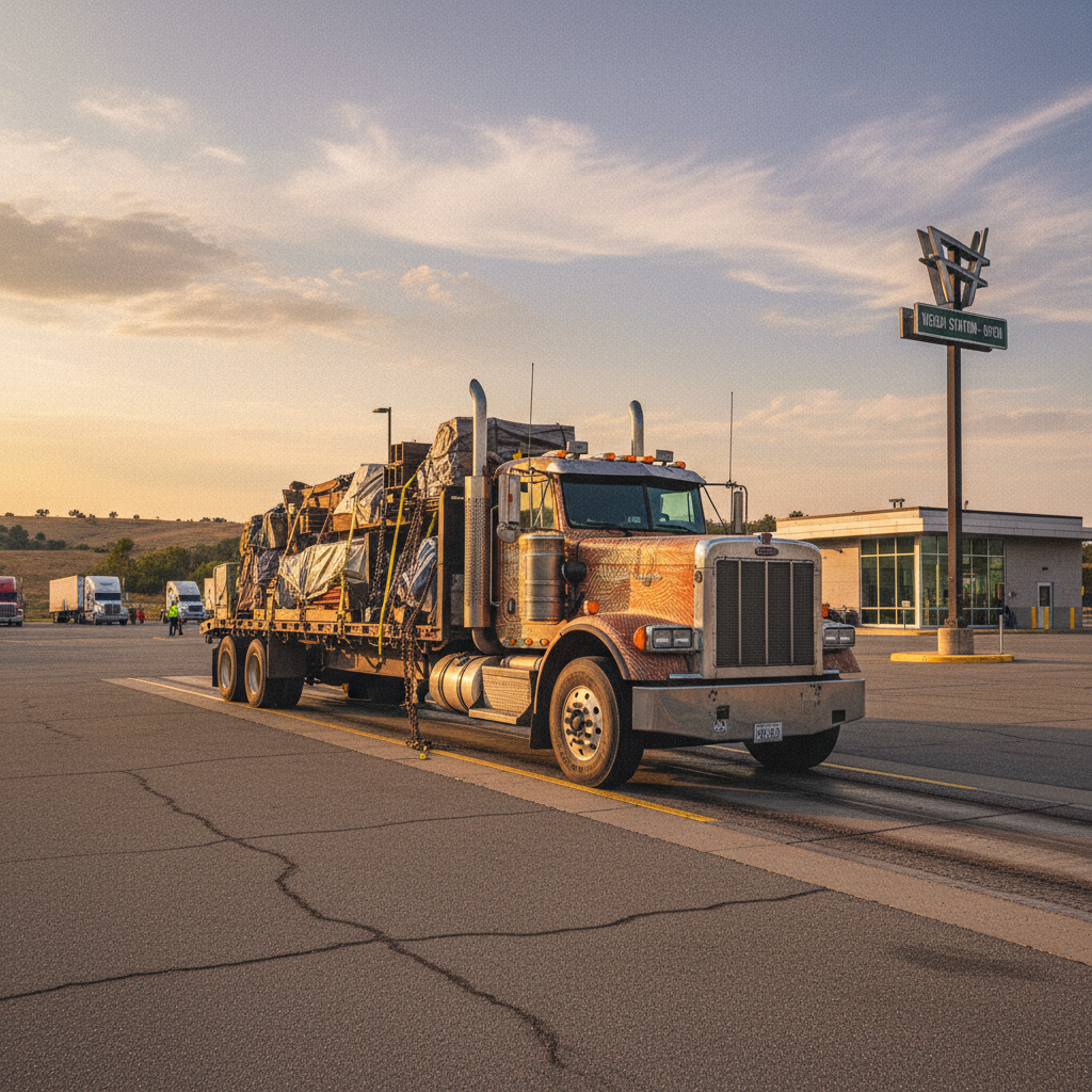 Loaded flatbed truck parked at a weigh station at golden hour, grain visible as if printed on newsprint