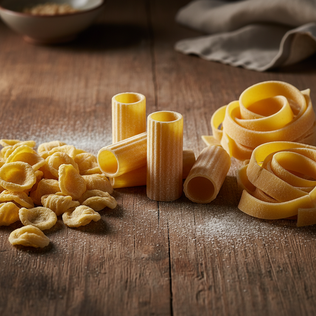 Assorted dry pasta varieties including penne, fusilli and spaghetti on a wooden surface