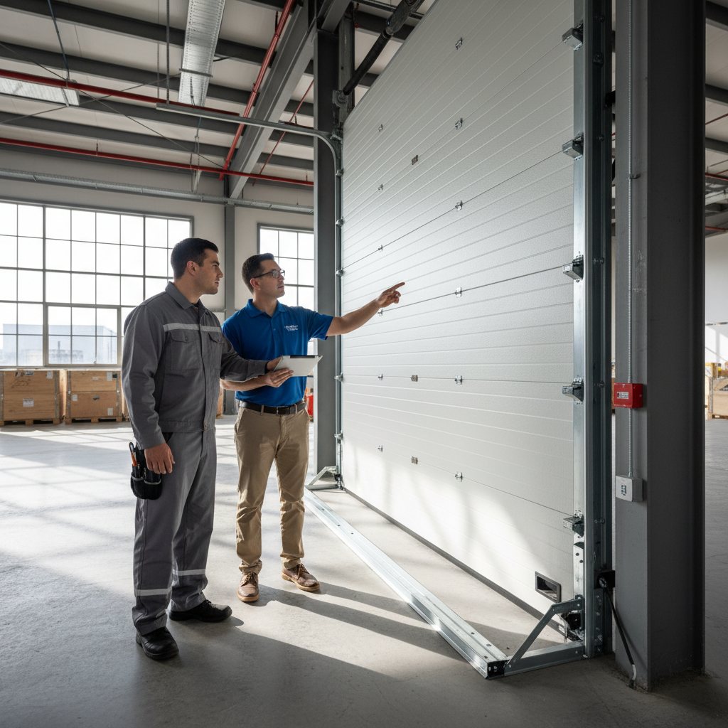 Rollup technician conducting final walkthrough with facility manager at a newly installed overhead door