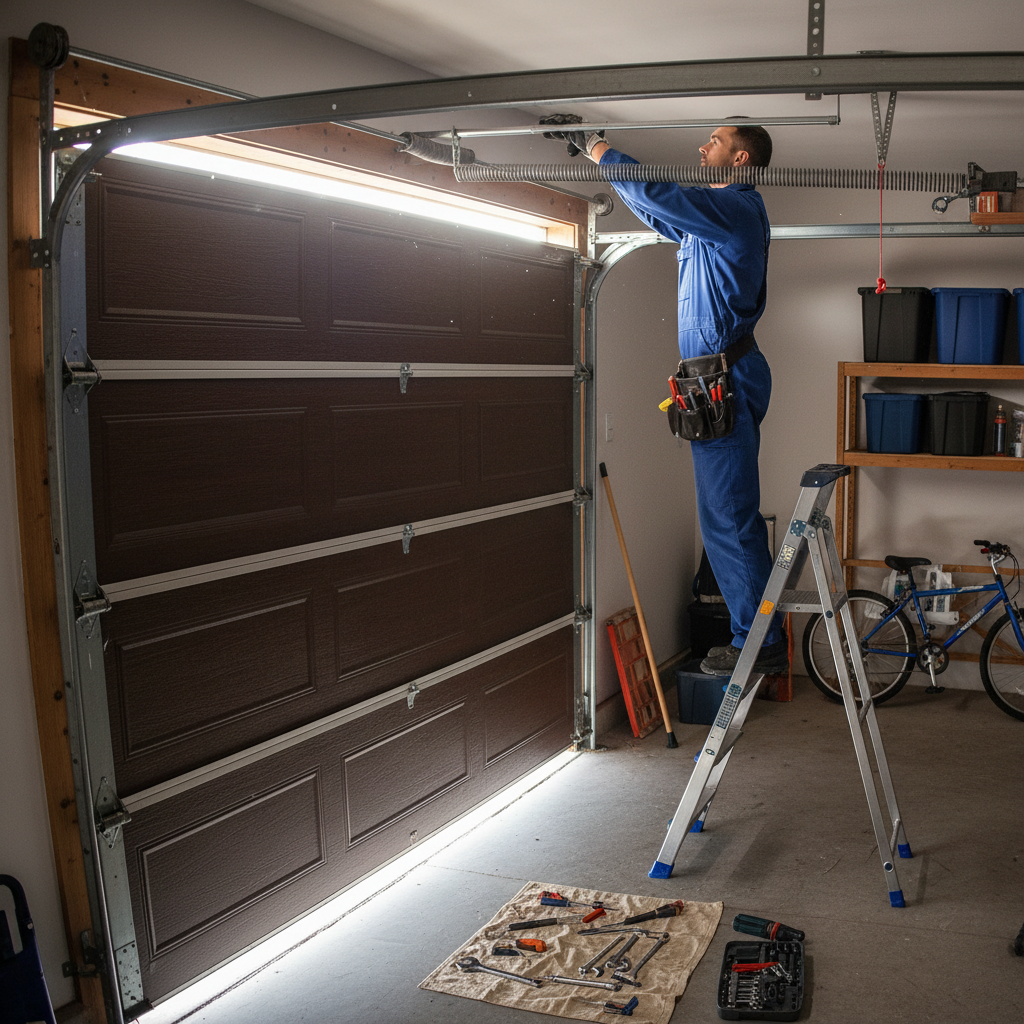 Torque technician replacing torsion spring on a residential garage door in Noe Valley, San Francisco